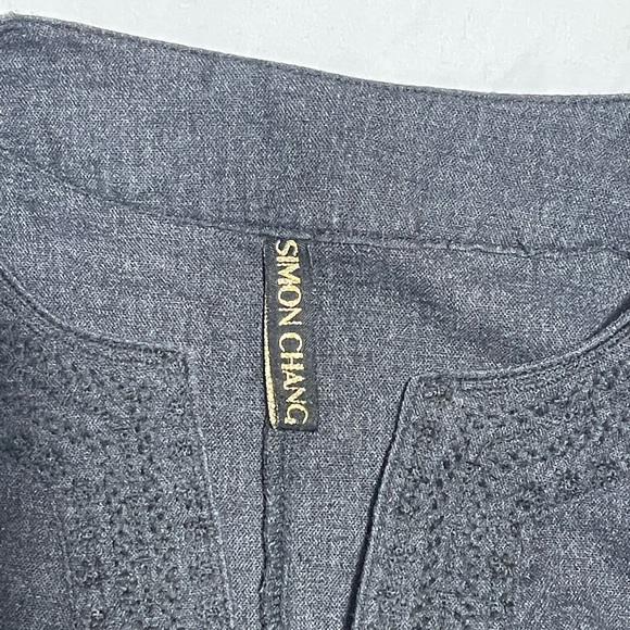 Simon Chang Linen Blend Embroidered Midi Dress With Pockets Grey Size Medium - Picture 4 of 7